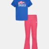 Conjunto de camiseta de manga corta y pantalones de yoga con logotipo brillante y rayas laterales Conjunto de camiseta de manga corta y pantalones de yoga con logotipo brillante y rayas laterales